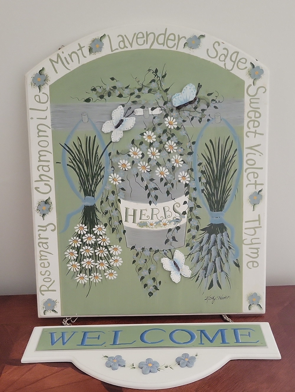 Vintage Mint Green Lavender Wall Art with Blue Accents